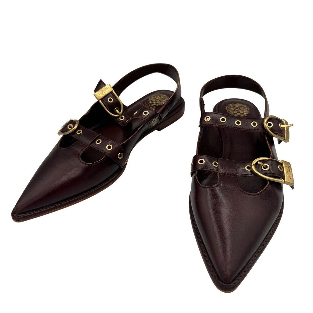 Vince Camuto Slingback Flats Womens 7.5 Burgundy Good Buckle Pointed Toe Leather